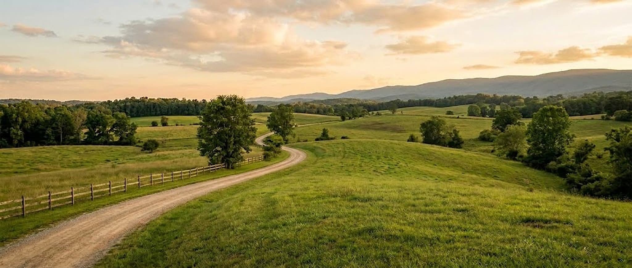 Winding gravel road through rolling green pasture and trees at sunset